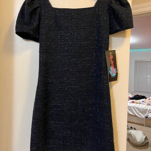 By Debra Kids Square Neck Puff Sleeve Dress - Navy with metallic threads 10-12/M